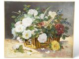 a painting of flowers in a basket on a table