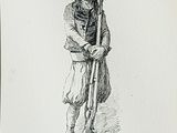 an old drawing of a man with a rifle and a hat