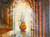 a painting of a piano and a ship in a room