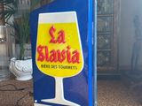 an image of a blue and yellow sign with a glass on it