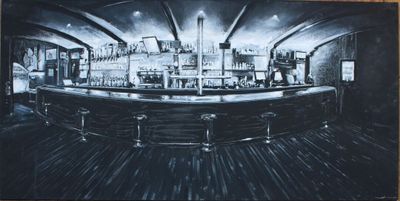 tableau représentant un bar en noir et blanc avec des tabourets dans une pièce