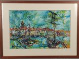 peinture de bateaux dans un port avec des bâtiments en arrière-plan