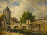 peinture représentant un tableau d'un pont enjambant une rivière, avec un château en arrière-plan