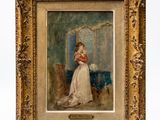 a painting of a woman in a white dress standing in front of a mirror