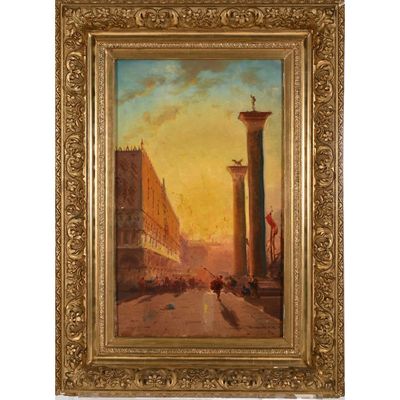 une peinture représentant une scène de rue avec des personnes marchant dans la rue