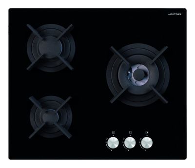 une image représentant une plaque de cuisson noire équipée de quatre feux et de quatre boutons