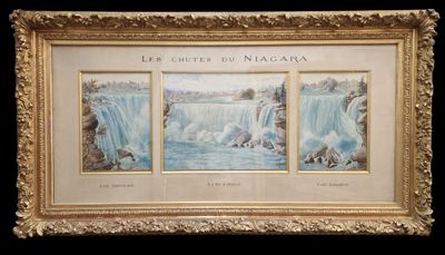 une peinture représentant une cascade, dans un cadre doré