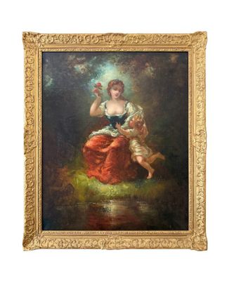 a painting of a woman in a red dress sitting on a rock