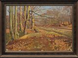 an oil painting of a wooded scene with trees and a path