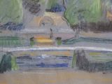 painting of a park with a fountain and trees in the background