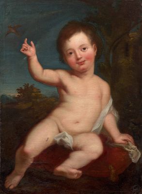 une image représentant un tableau où l'on voit un bébé assis sur un oreiller