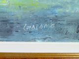 an oil painting of a boat in the water with a name written on it