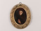 painting of a woman holding an apple in a gold oval frame