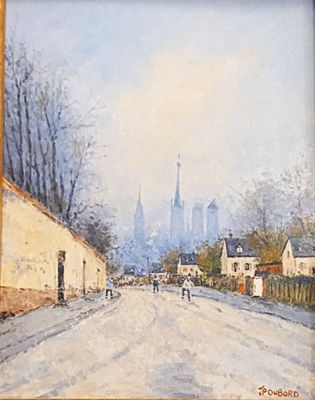 a painting of a street in a town with a church in the background