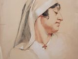 an old drawing of a woman with a veil on her head