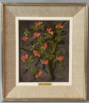 framed picture of a painting of a vase of flowers on a table