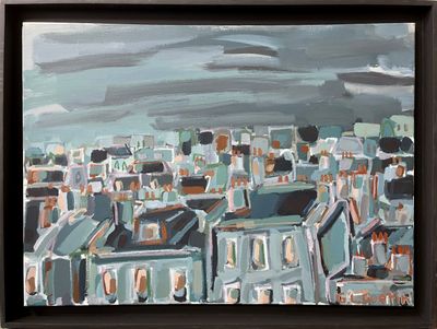 un tableau représentant une vue de la ville depuis le sommet d'un immeuble