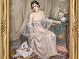 une image représentant un tableau où l'on voit une femme en robe rose assise sur une chaise