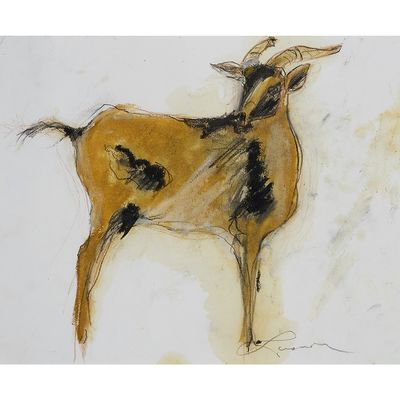 dessin représentant une chèvre à longue corne debout sur une surface blanche