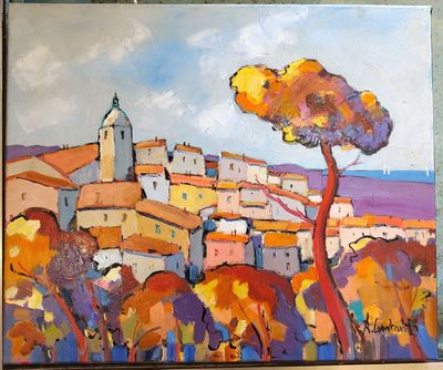 a painting of a village with a tree in the foreground