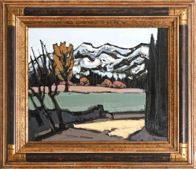une peinture à l'huile représentant un paysage avec des arbres et des montagnes en arrière-plan