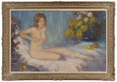 tableau représentant une femme nue assise sur un lit, avec des fleurs dans un vase