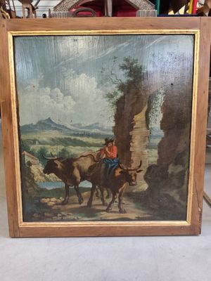 tableau représentant deux bœufs tirant une charrette dans un paysage montagneux