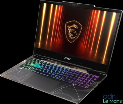 the laptop is open and showing the logo on the screen