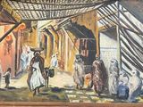 un tableau représentant un homme à cheval dans un marché