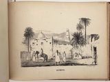 an old book with a picture of a village in the background