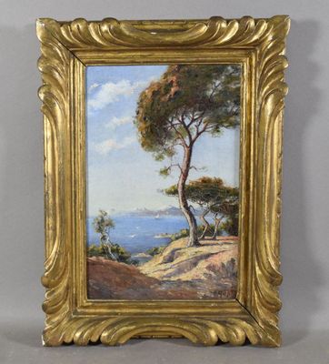 an oil painting of a tree on a hill with the ocean in the background
