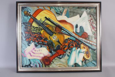 a picture of a painting of a guitar and a violin