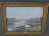 une peinture à l'huile représentant un paysage fluvial avec un pont au premier plan