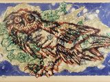 painting of an owl on a blue background in a wooden frame