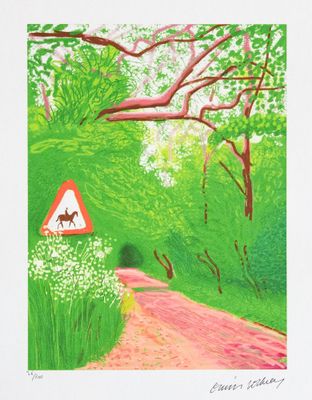 painting of a horse crossing sign on a dirt road in the woods