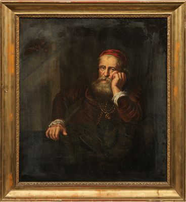 un tableau représentant un vieil homme coiffé d'un turban rouge, assis sur une chaise