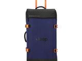 une valise bleue avec des poignées orange sur fond blanc