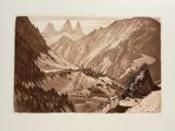 a drawing of a mountain scene with a valley in the foreground