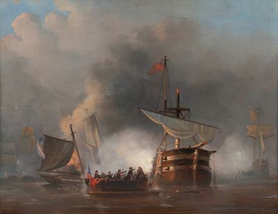 a painting of a group of ships in a body of water