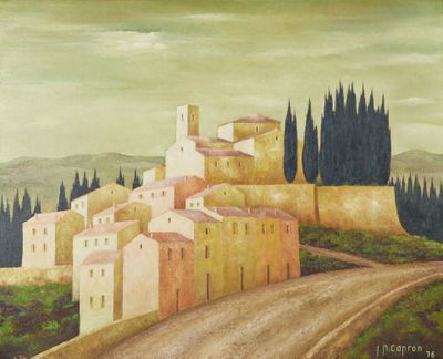tableau représentant un village situé sur une colline, avec un chemin de terre