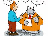 a cartoon of a man and a cat talking to each other