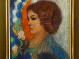 tableau représentant une femme en robe bleue, avec des fleurs dans les cheveux