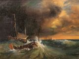an oil painting of a boat in a rough ocean with a ship in the background