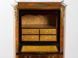 an antique wooden cabinet with two drawers and a marble top
