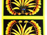 deux tableaux jaunes et noirs représentant des fleurs et des feuilles sur fond noir