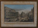 painting of a view of a city street with a horse drawn carriage in the foreground
