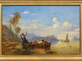 une image d'un tableau représentant un homme sur un bateau dans l'eau