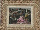 tableau représentant une femme en robe rose assise devant un groupe de personnes