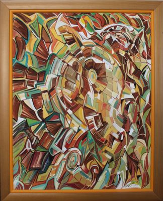 un tableau représentant des formes abstraites, dans un cadre marron
