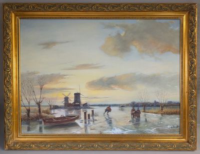une peinture à l'huile représentant une scène fluviale avec un bateau et des personnes sur l'eau